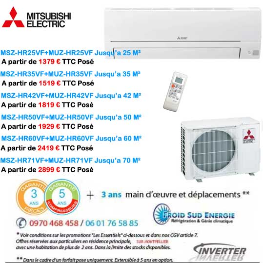 Climatiseurs monosplit Mitsubishi electric MSZ-HRVF reversible Inverter